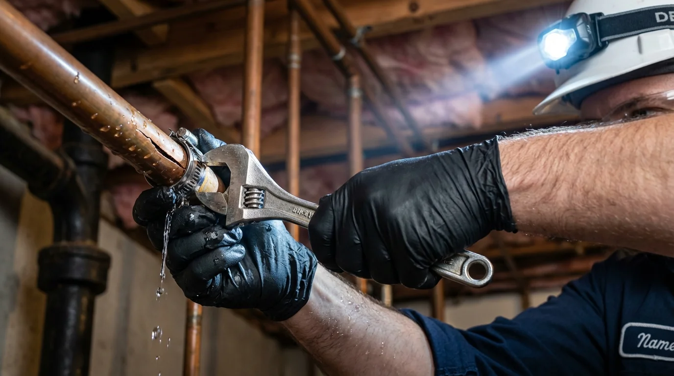 Emergency pipe clamp repair being performed by a Johns Plumbing LLC plumber in Allendale