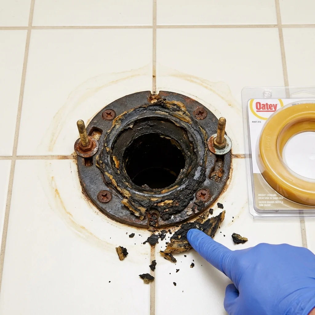 Failed wax ring showing water seepage at the base of a toilet in a Allendale, NJ home