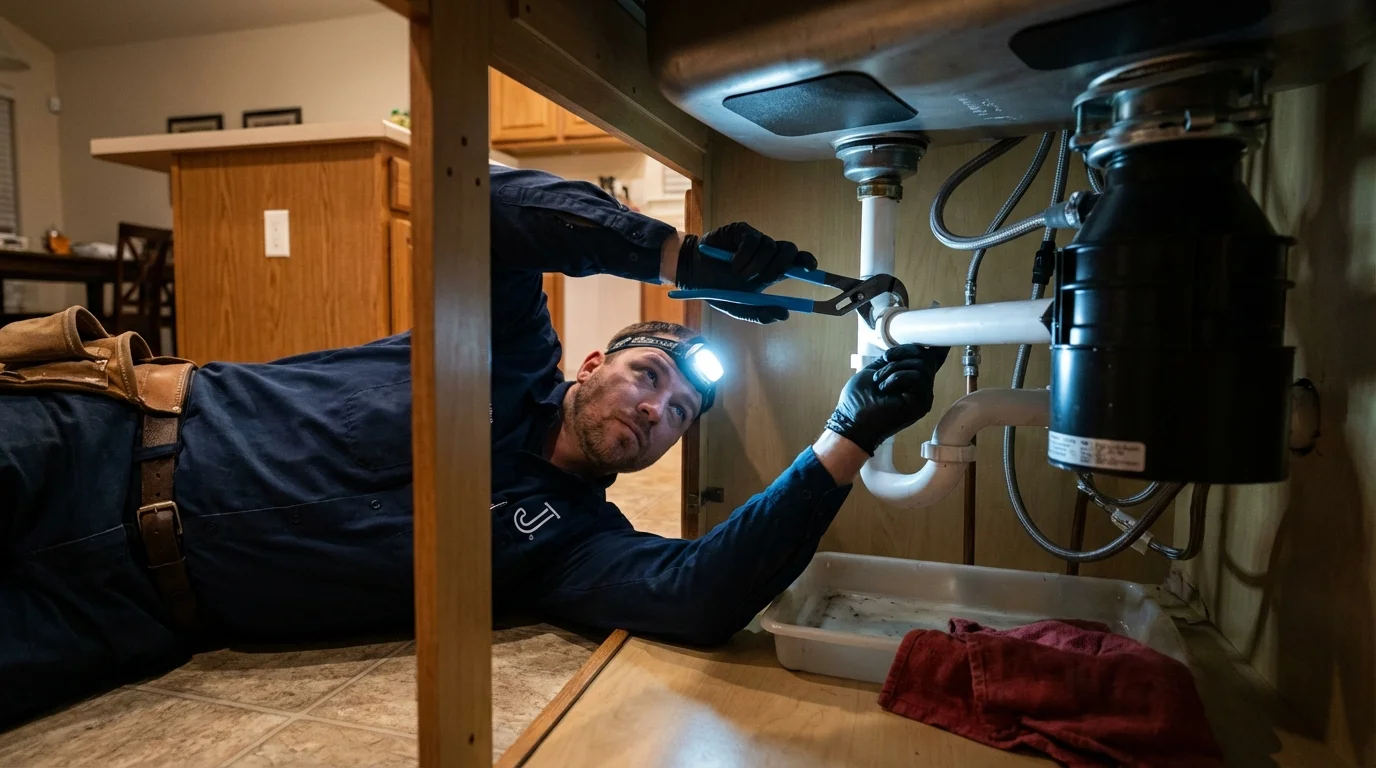 P-trap and supply line connections under a kitchen sink showing a common leak point in Allendale, NJ